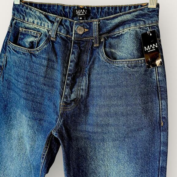 boohooMAN Relaxed Rigid Button Fly Rip Knee Blue Jeans Zip Hem Size 30X37 Tall - Picture 6 of 14